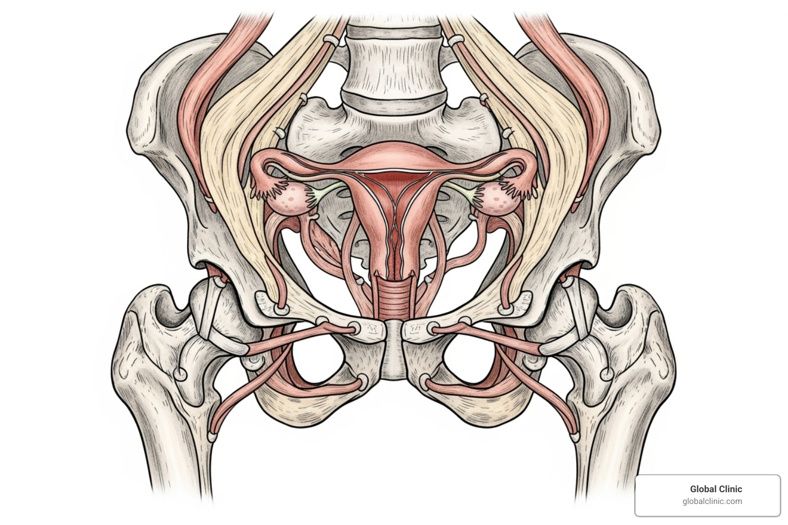 Diagram of the Webster Technique focusing on the sacrum and round ligaments - prenatal chiropractic care