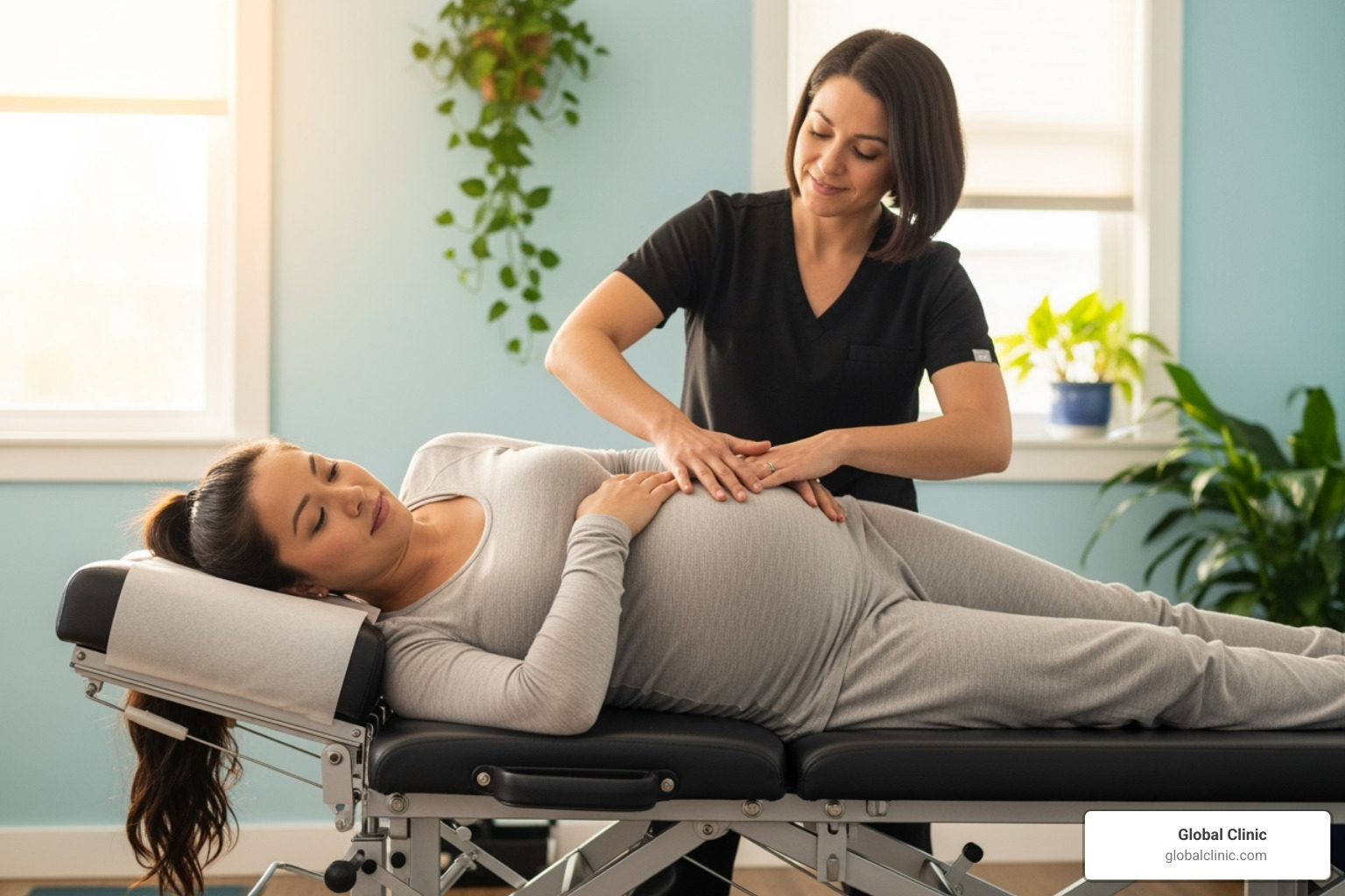 Image of a pregnant woman receiving a gentle adjustment on a specialized table, with the chiropractor using soft contact - prenatal chiropractic care