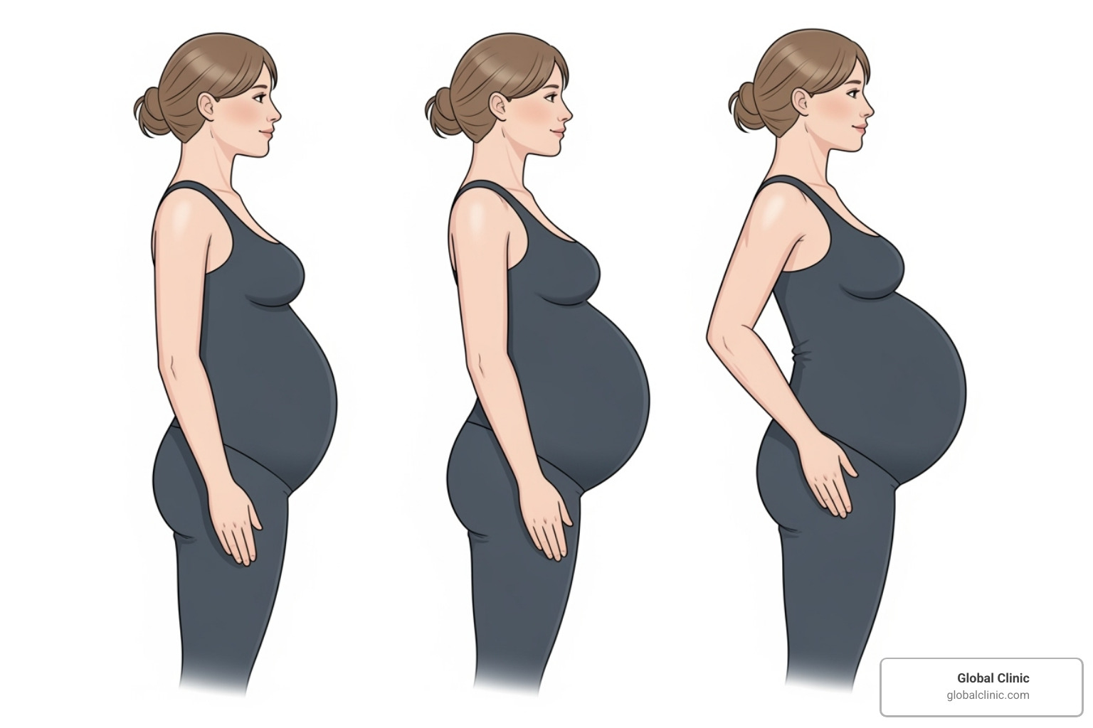 Image illustrating the progression of postural changes during the three trimesters of pregnancy - prenatal chiropractic care