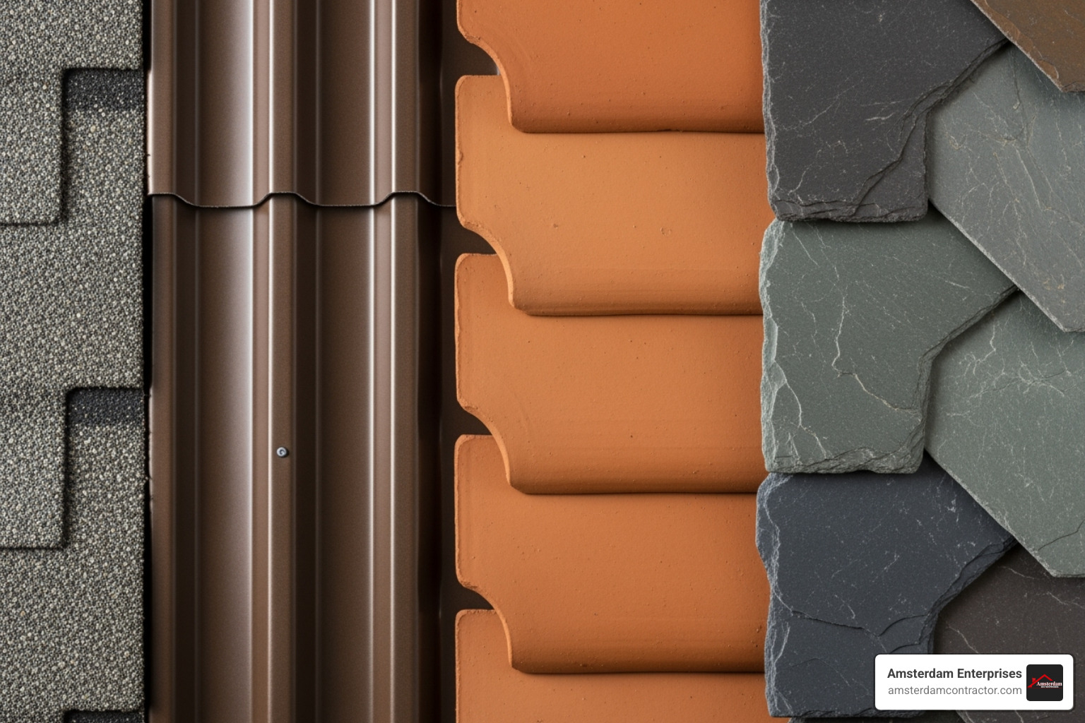 A swatch of different roofing materials including asphalt shingles, metal panels, clay tiles, and slate, showcasing their textures and colors - Roofing