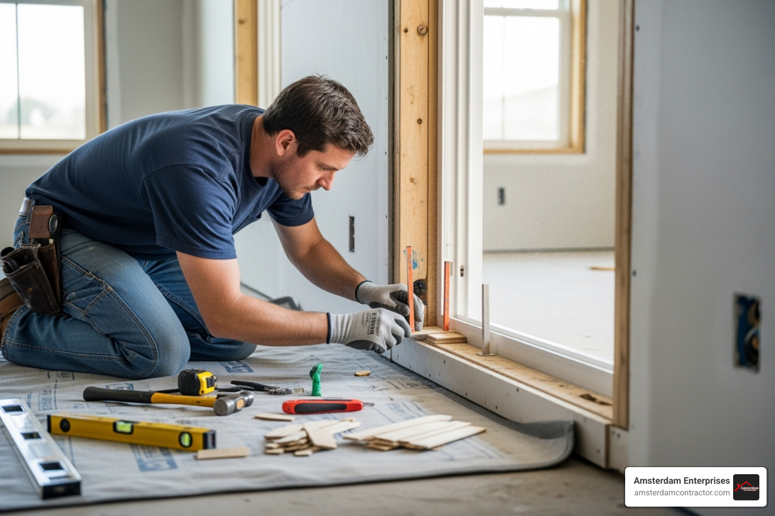 of a professional installer shimming a window - Window Installation