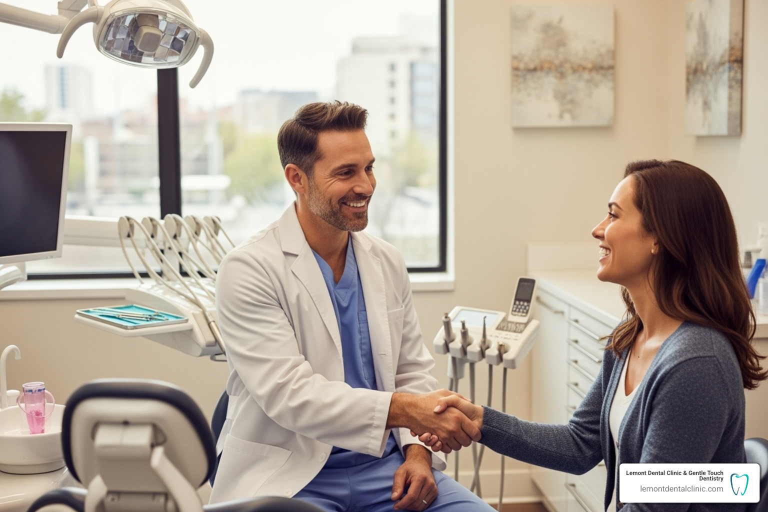 dentist warmly shaking a patient's hand - dentist in palos hills il