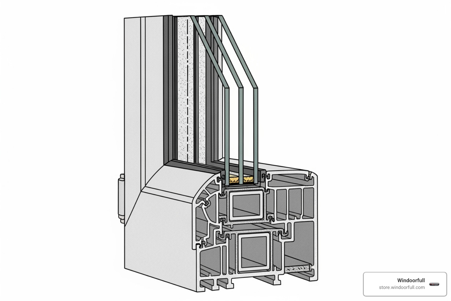 Detailed cross-section of a multi-chambered uPVC German window frame, highlighting multiple air chambers, steel reinforcement, and multiple seals - german windows