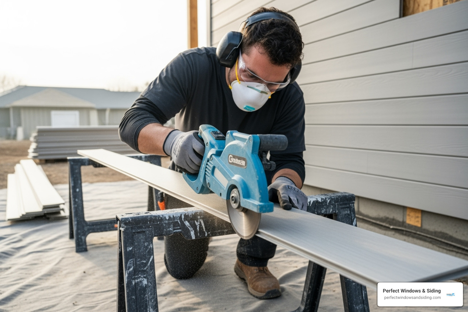 a professional installer using a specialized cutting tool for fiber cement siding - fiber cement siding replacement cost