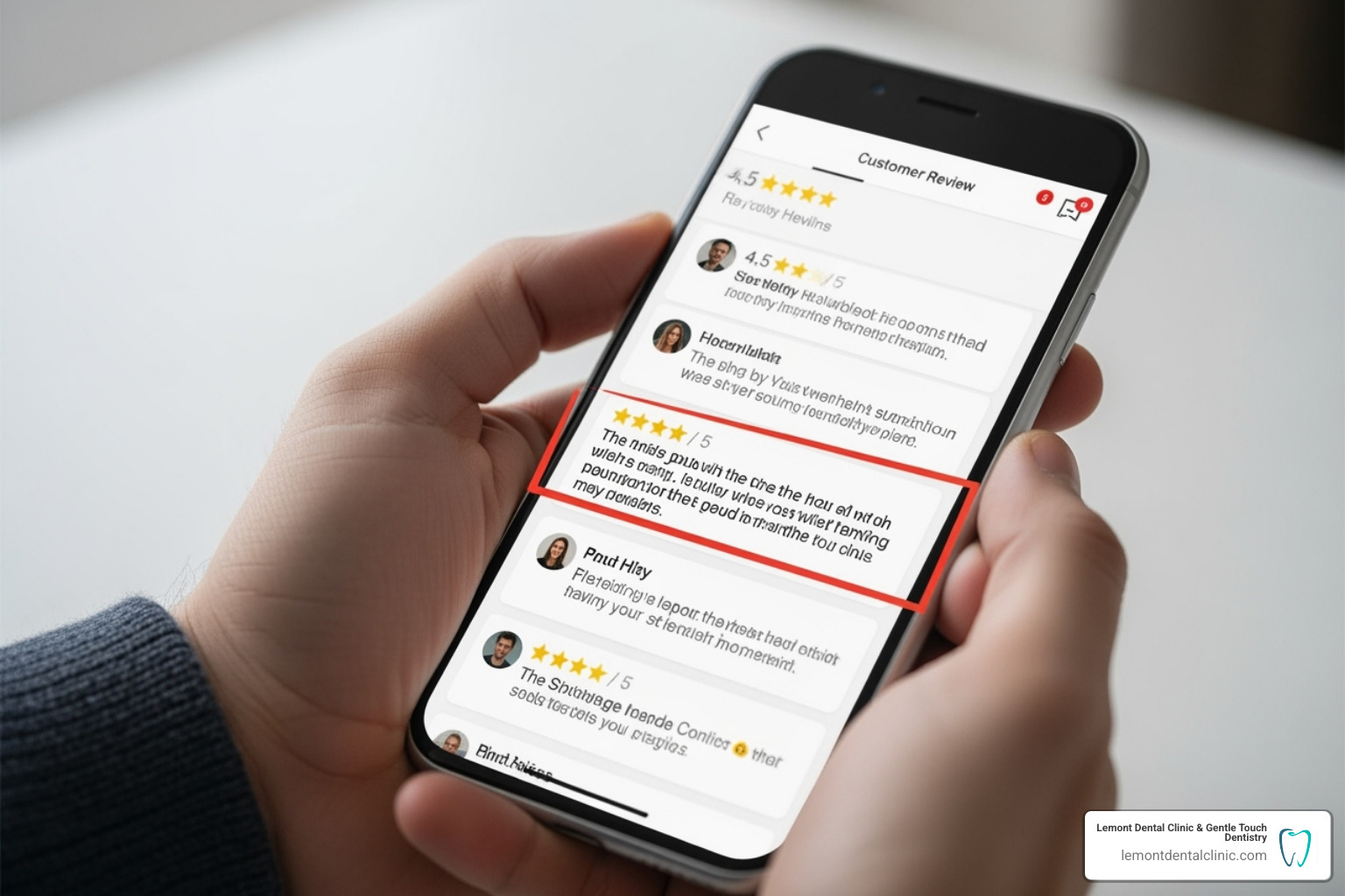 person reading reviews on a smartphone - dentist in palos hills il