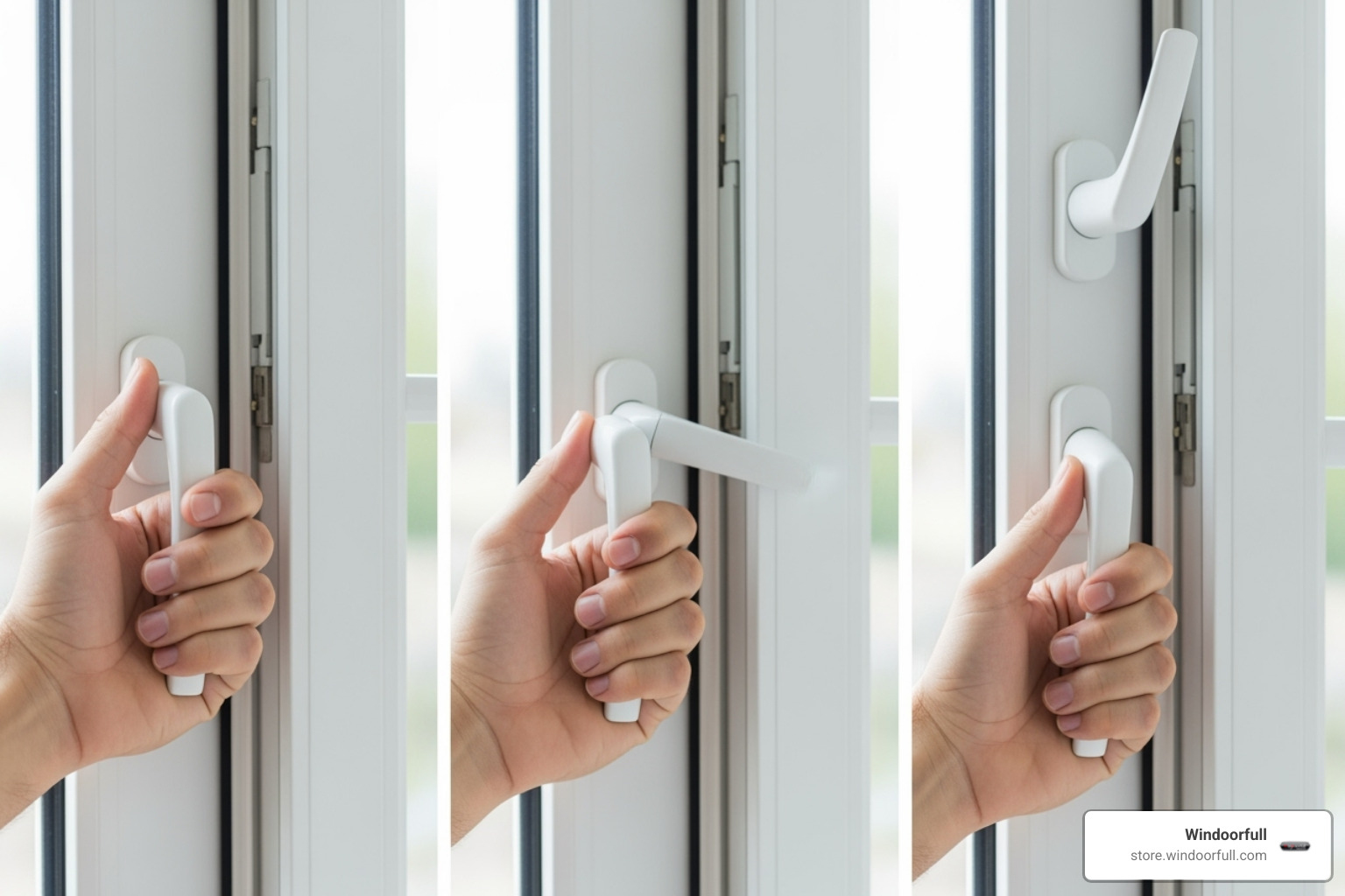 Series of images demonstrating the operation of a tilt and turn window handle: pointing down for locked, horizontal for turn (inward swing), and pointing up for tilt (top-down ventilation) - german windows