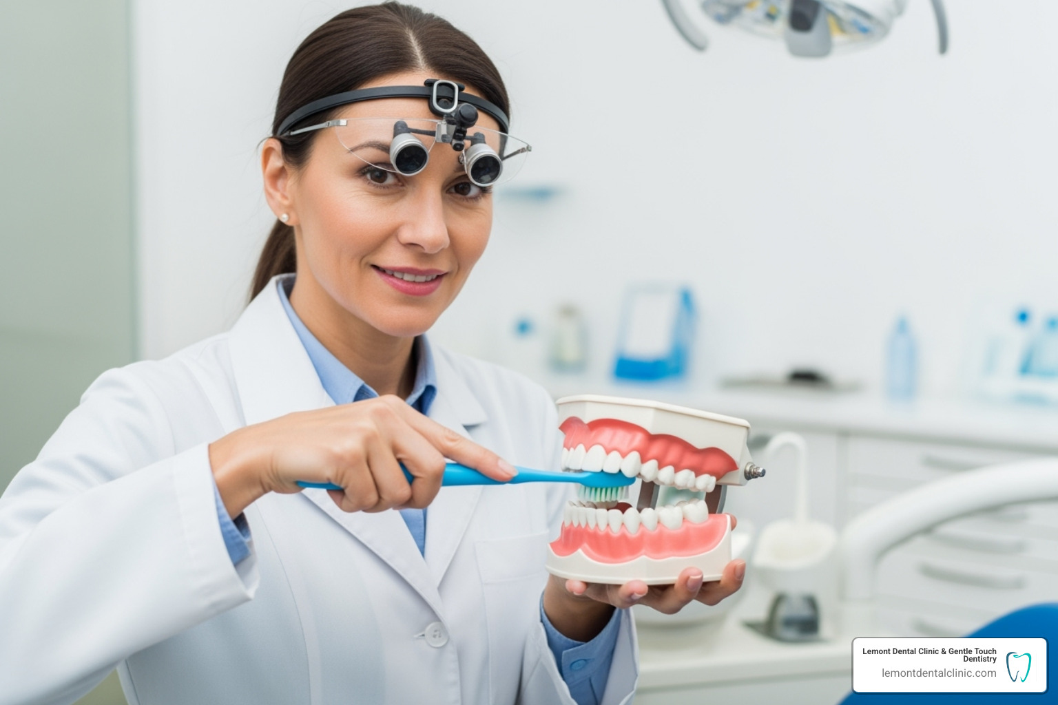 dentist demonstrating proper brushing on a large tooth model - kids dentist near palos hills