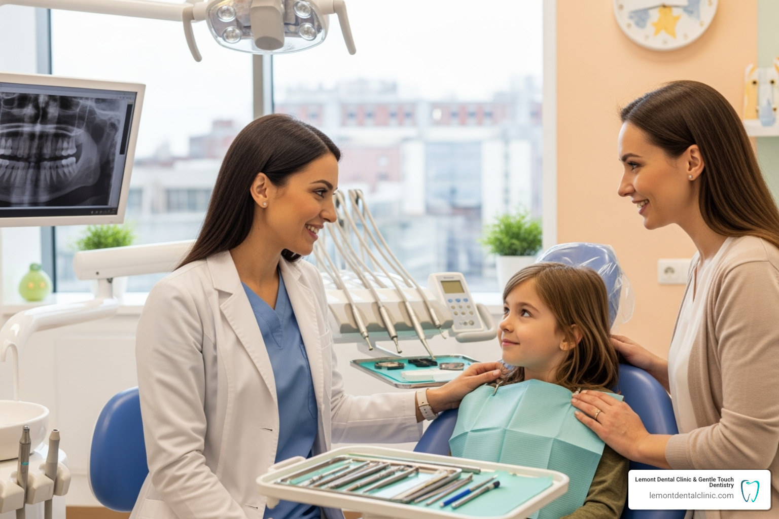 friendly dentist talking to a parent and child - kids dentist near palos hills
