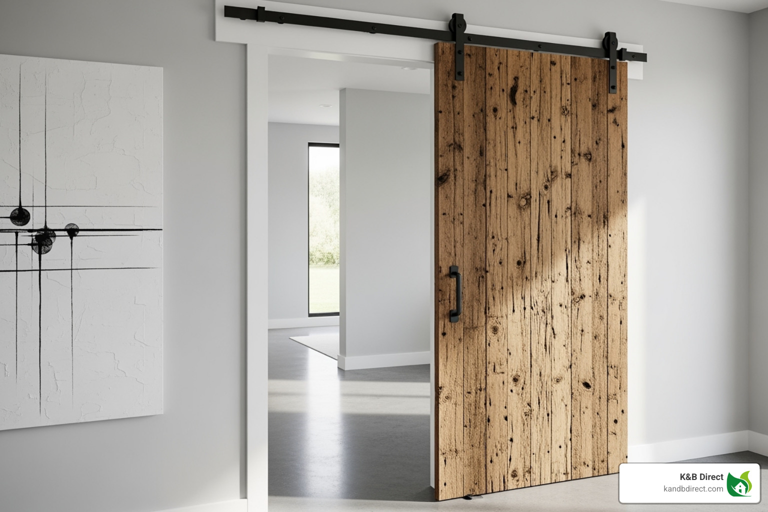 A rustic barn door on a track in a modern home - interior doors A rustic barn door on a track in a modern home - interior doors