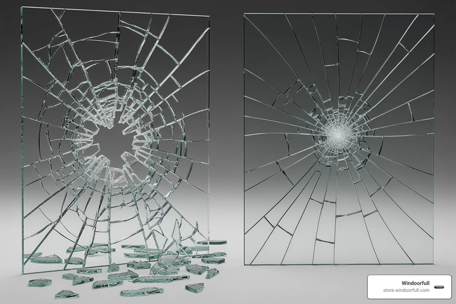 Shattered standard glass vs. cracked but intact laminated glass - Secure home windows