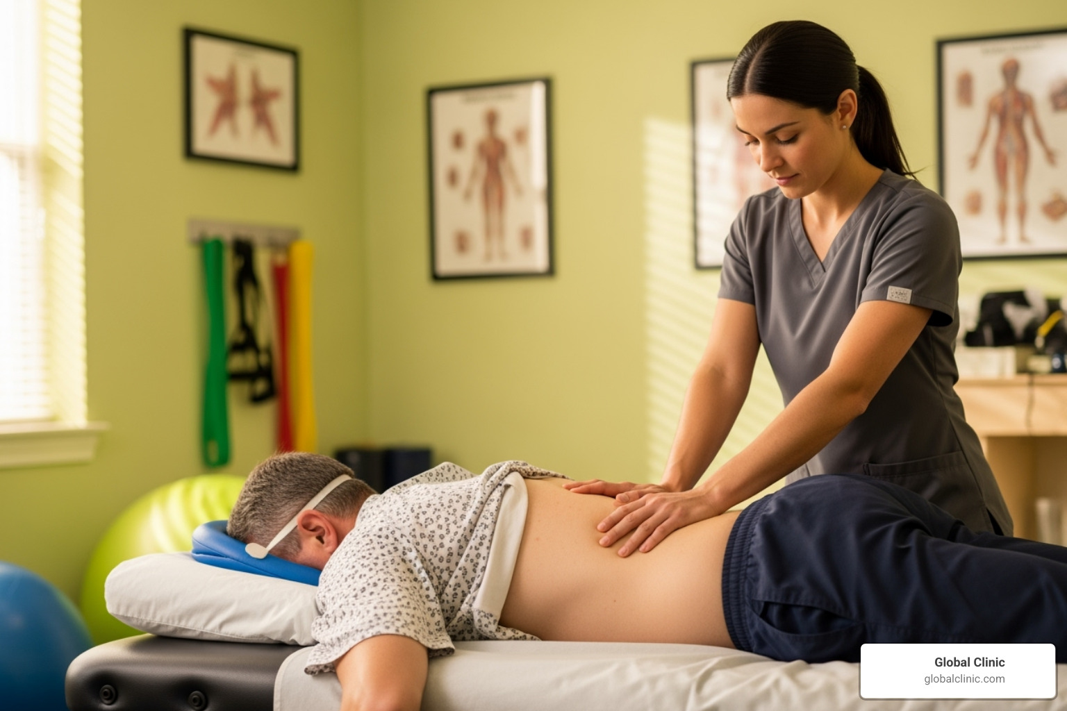 Physical therapist performing manual therapy on a patient's back - pt and ot