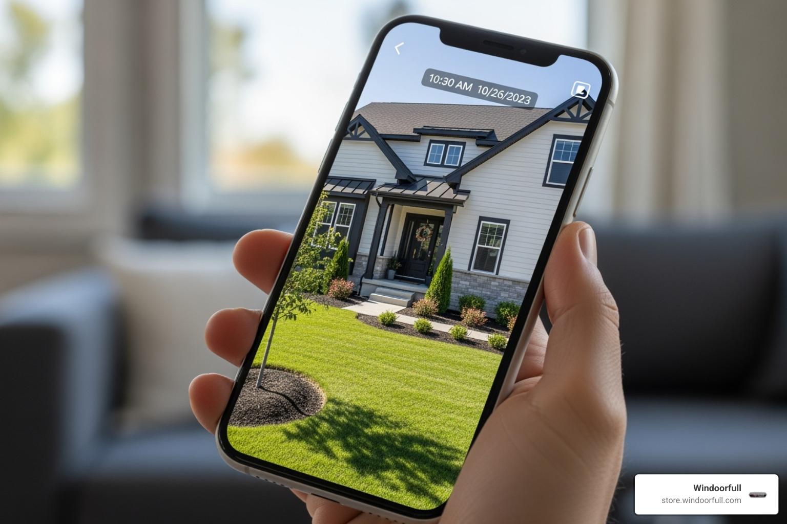 Smartphone displaying a security camera feed of a home's exterior - Secure home windows