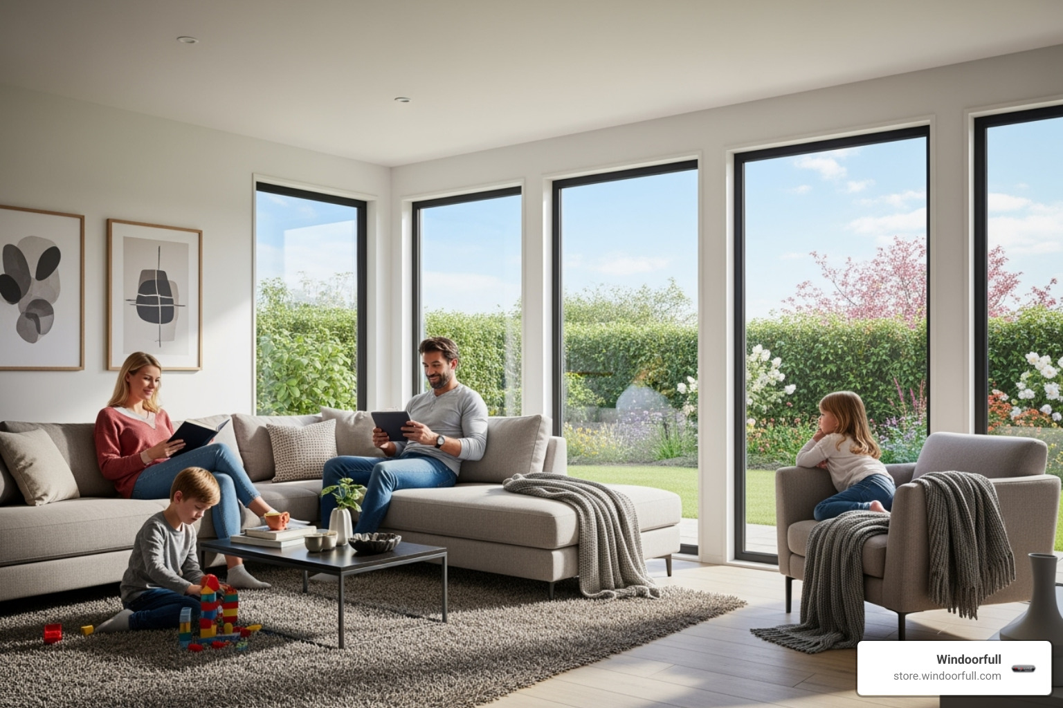 Family relaxing in their living room, with secure, modern windows in the background - Secure home windows