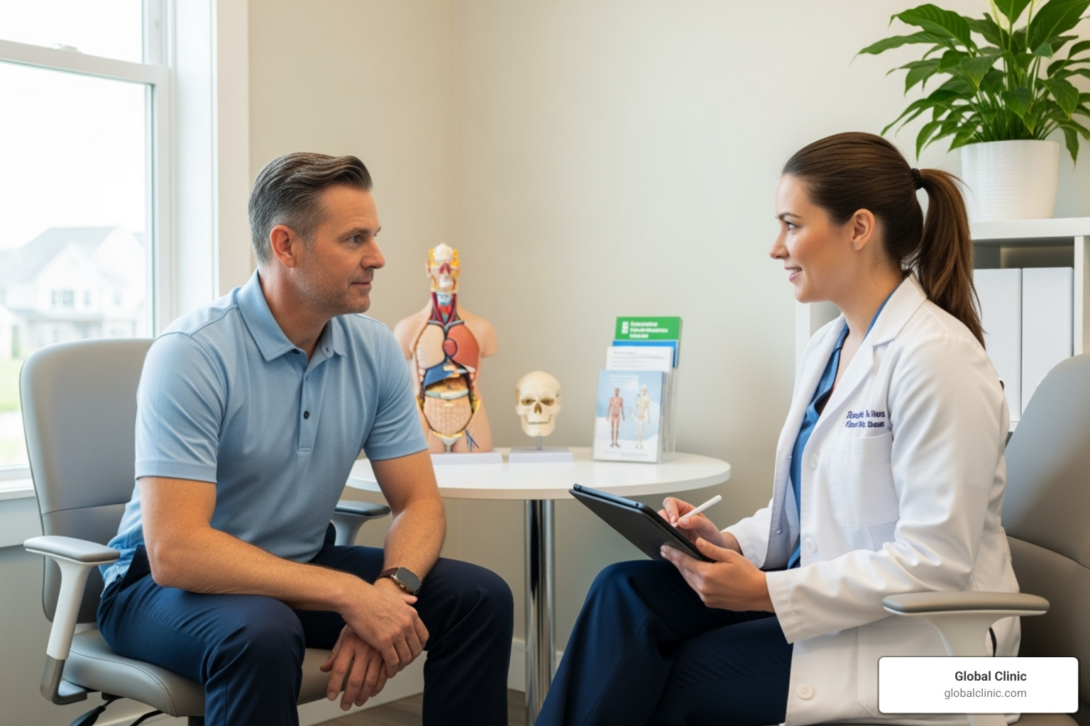 Patient talking with a therapist in a consultation setting - pt and ot