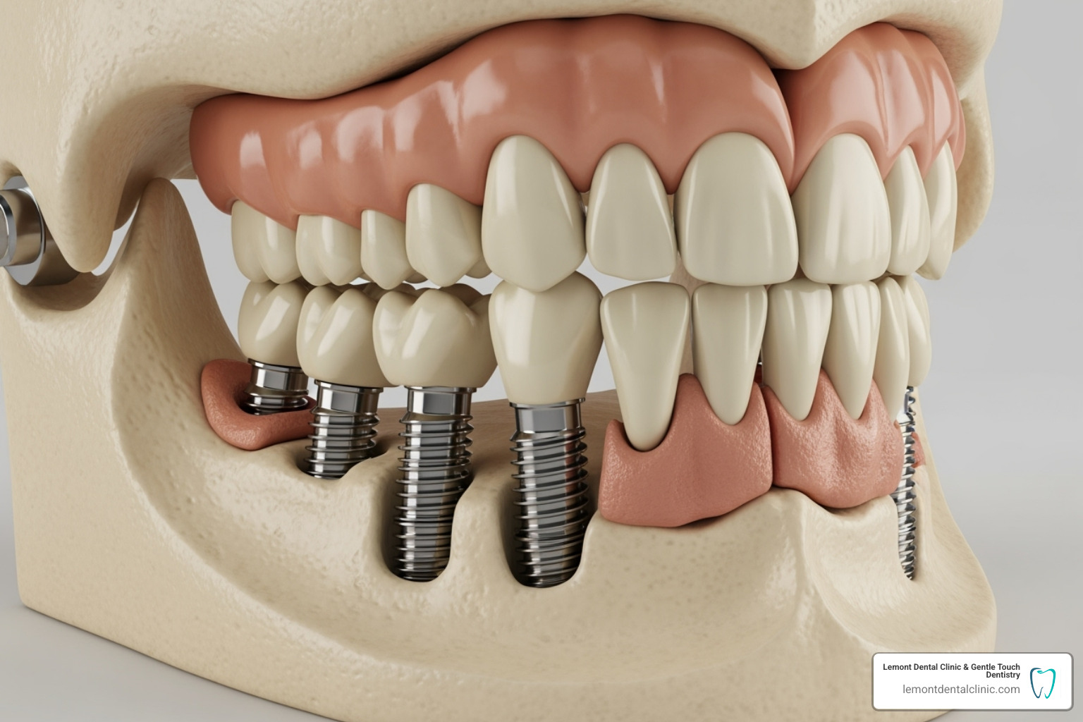 A model showing dental implants in the jawbone with a denture above - what are different types of dentures