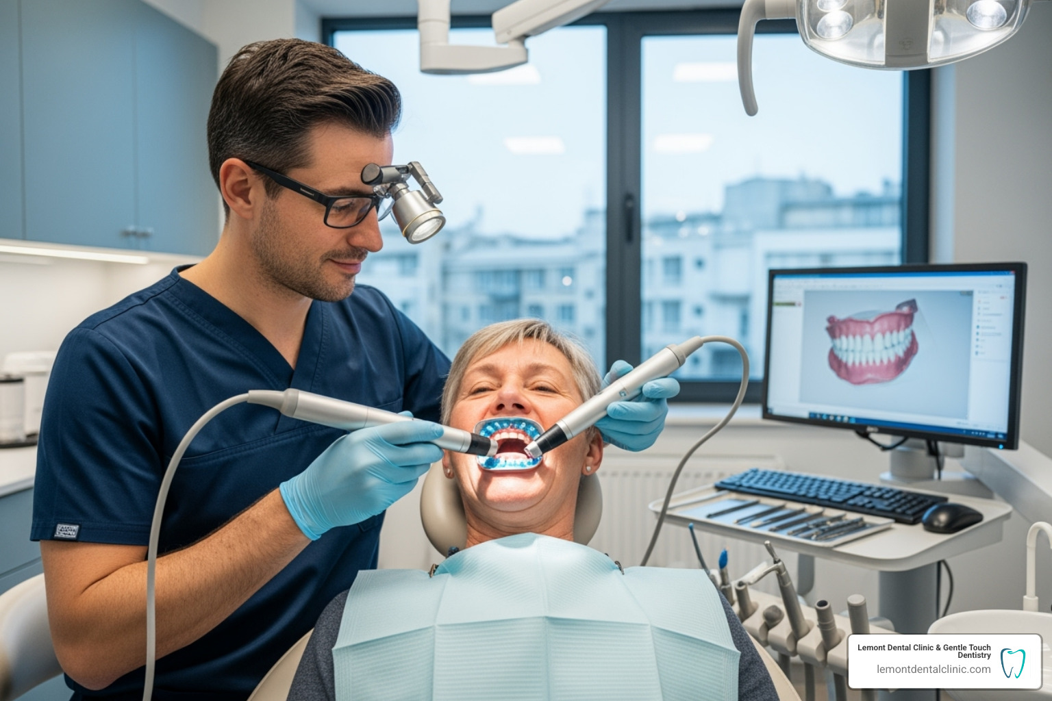 A dentist taking precise measurements of a patient's mouth - what are different types of dentures