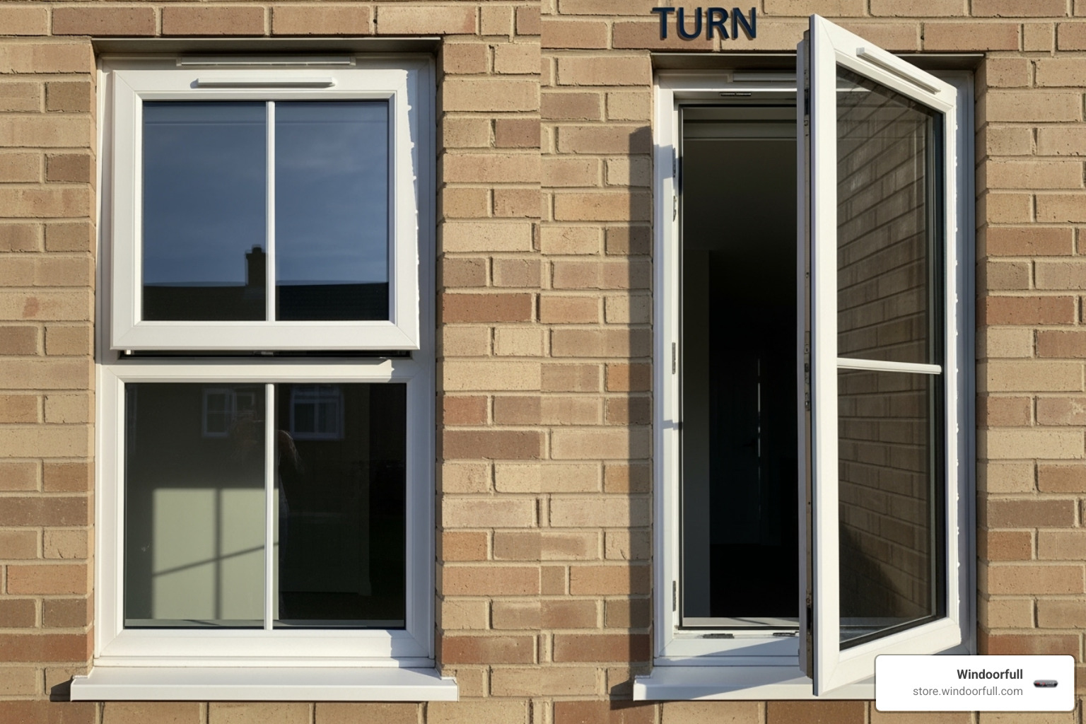 uPVC tilt and turn window shown in both the 'tilt' and 'turn' positions - german window opening