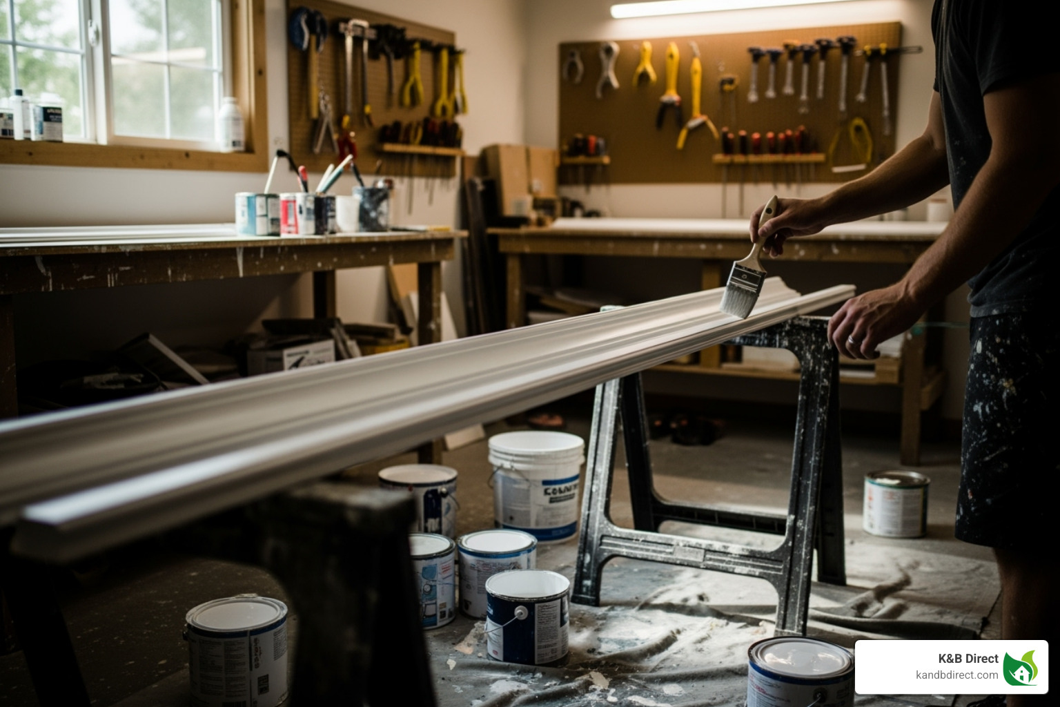 someone hand-painting a piece of crown moulding on sawhorses - painted crown moulding