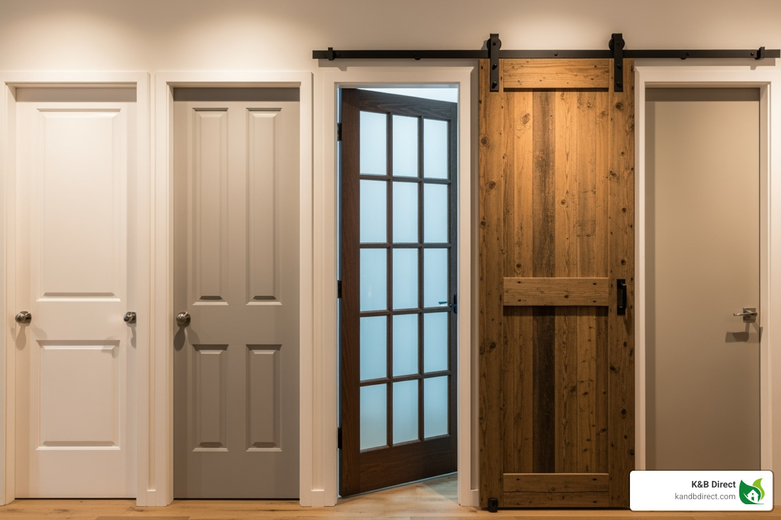 Different interior door styles side-by-side: Shaker, Panel, French, Barn, Flush - buy internal doors online Different interior door styles side-by-side: Shaker, Panel, French, Barn, Flush - buy internal doors online