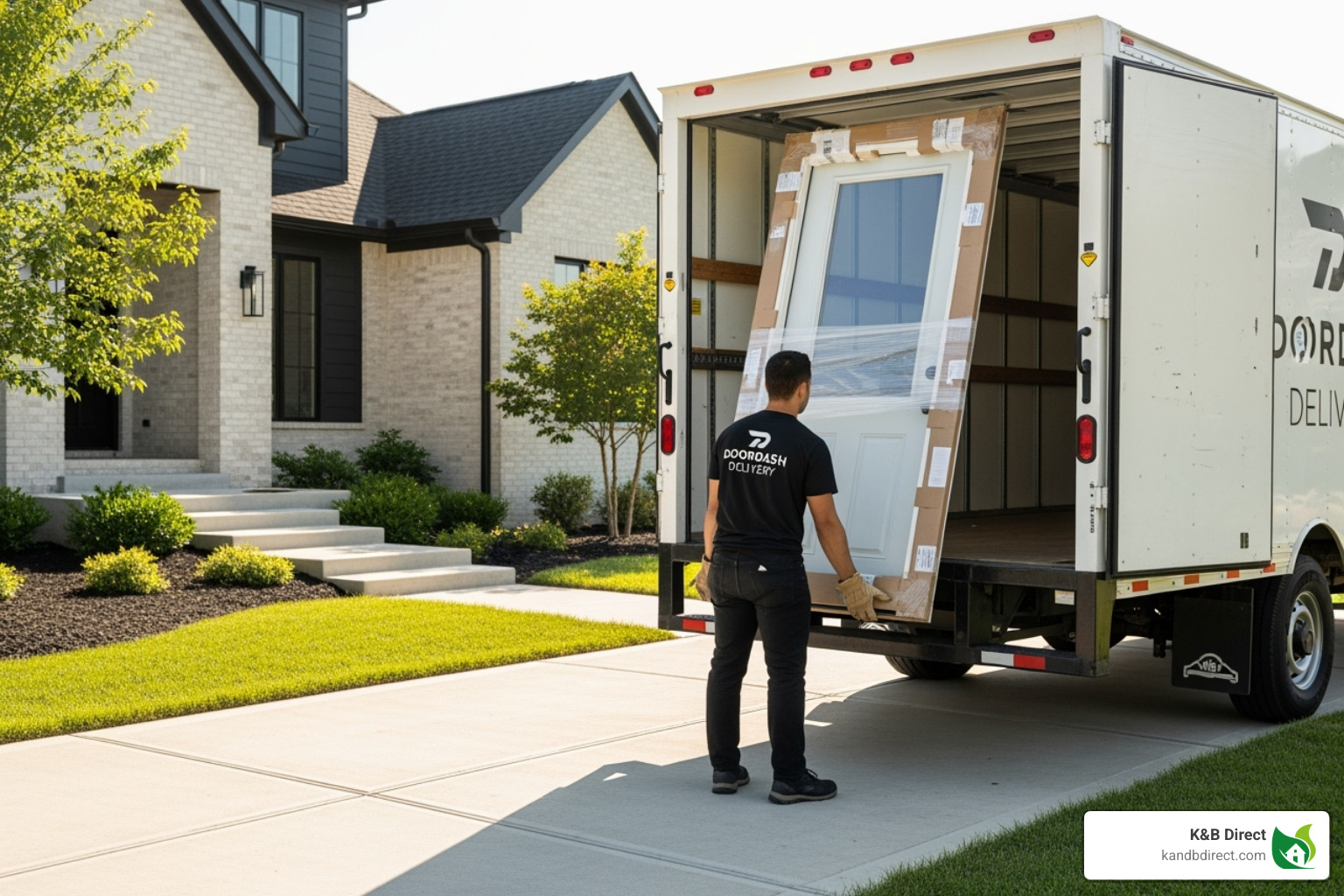 A door being carefully unloaded from a delivery truck - buy internal doors online A door being carefully unloaded from a delivery truck - buy internal doors online