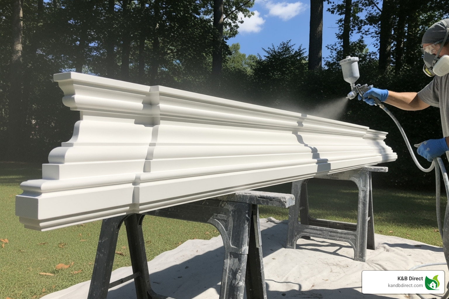 crown moulding being spray-painted in a well-ventilated outdoor area - painted crown moulding