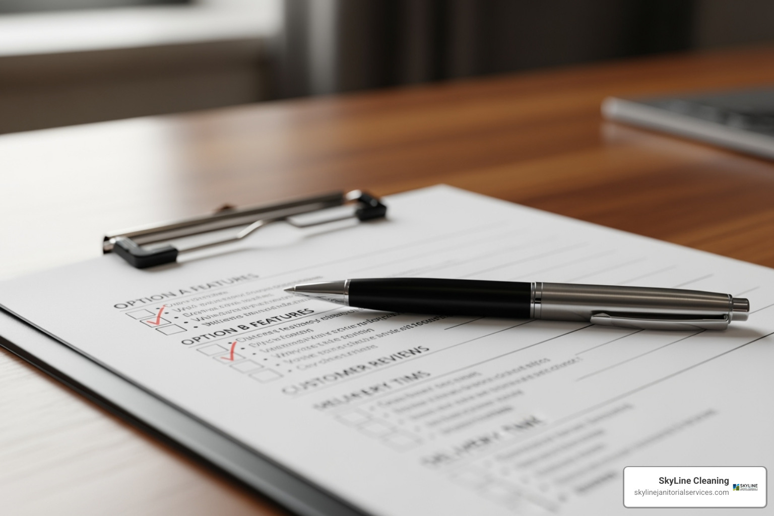 A clipboard with a checklist, representing the process of comparing commercial cleaning quotes - commercial cleaning quotes A clipboard with a checklist, representing the process of comparing commercial cleaning quotes - commercial cleaning quotes