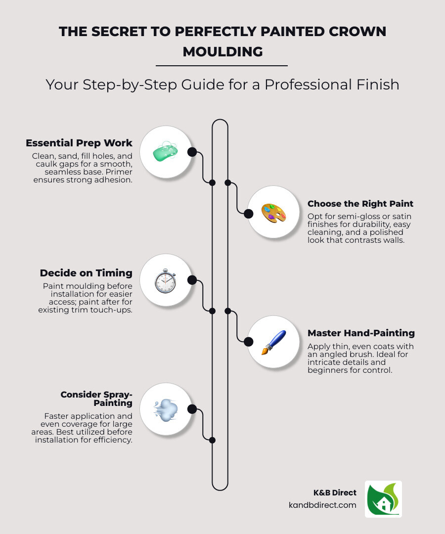 Infographic showing step-by-step process of painting crown moulding, including preparation tools, paint selection with semi-gloss finish recommendation, before and after room comparison showing increased room height perception, and comparison between hand-painting vs spray-painting methods with pros and cons for each - painted crown moulding infographic infographic-line-5-steps-neat_beige