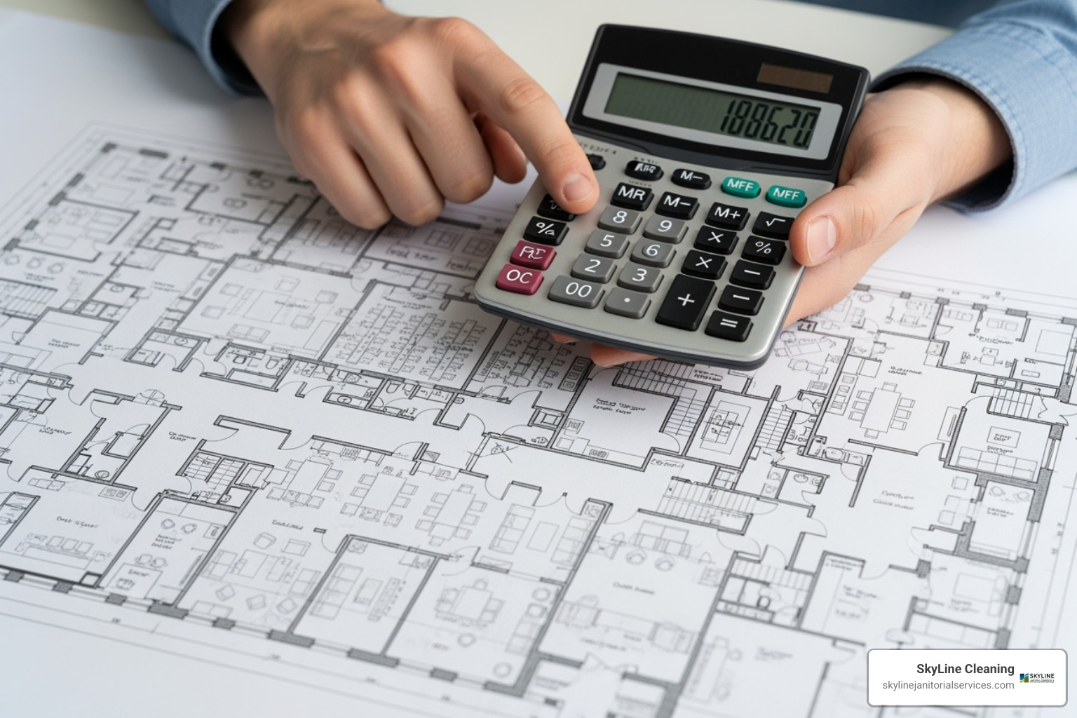 A person using a calculator over a detailed floor plan, symbolizing cost calculation for commercial cleaning services - commercial cleaning quotes A person using a calculator over a detailed floor plan, symbolizing cost calculation for commercial cleaning services - commercial cleaning quotes