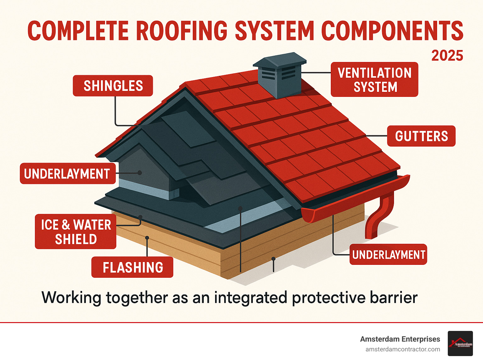 Complete roofing system components including roof deck, underlayment, ice and water shield, flashing, shingles, ventilation system, and gutters working together as an integrated protective barrier - Roofing infographic 