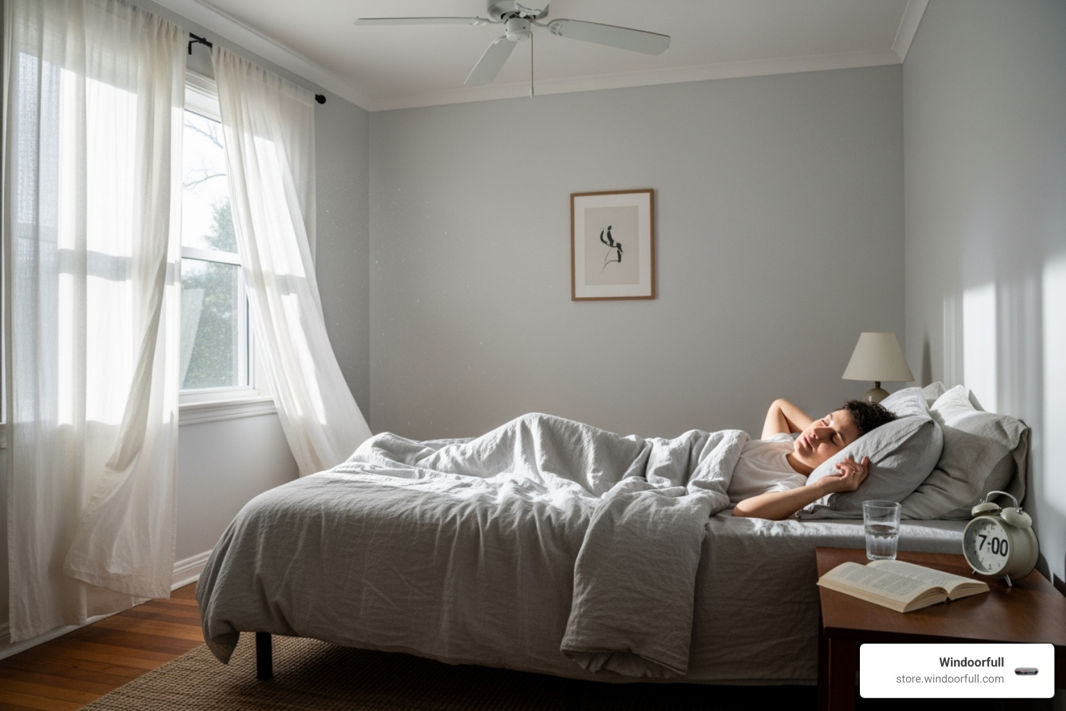 person sleeping peacefully in a cool, well-ventilated bedroom - german window opening