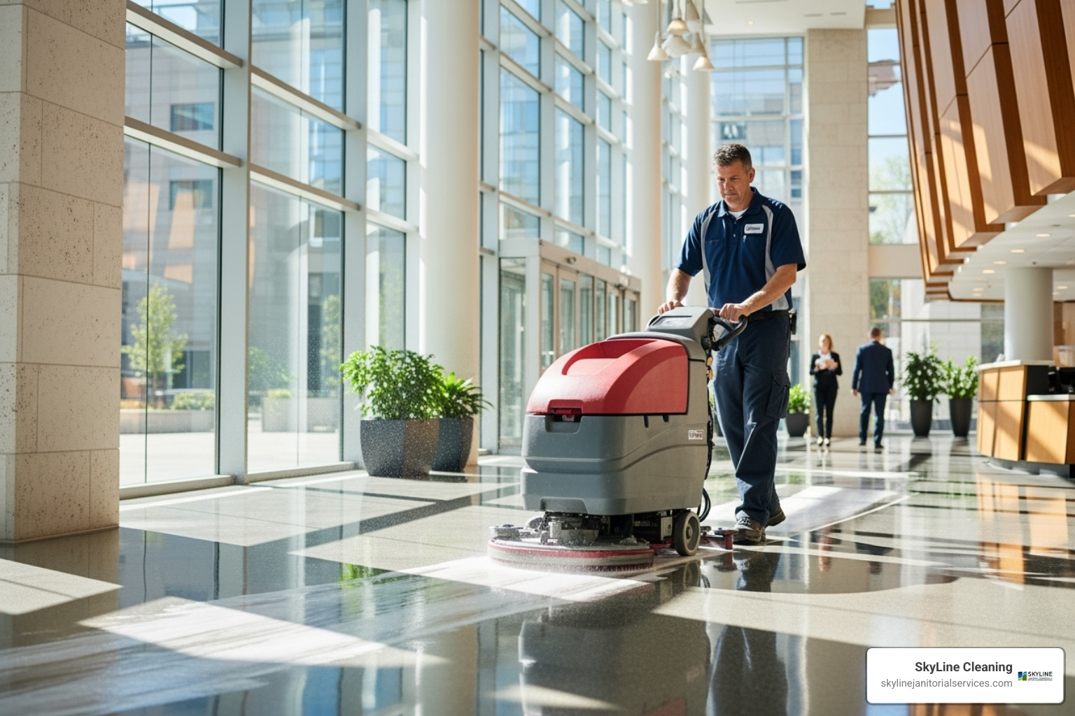 A janitor in uniform cleaning a high-traffic commercial entryway with a floor scrubber - commercial cleaning quotes A janitor in uniform cleaning a high-traffic commercial entryway with a floor scrubber - commercial cleaning quotes