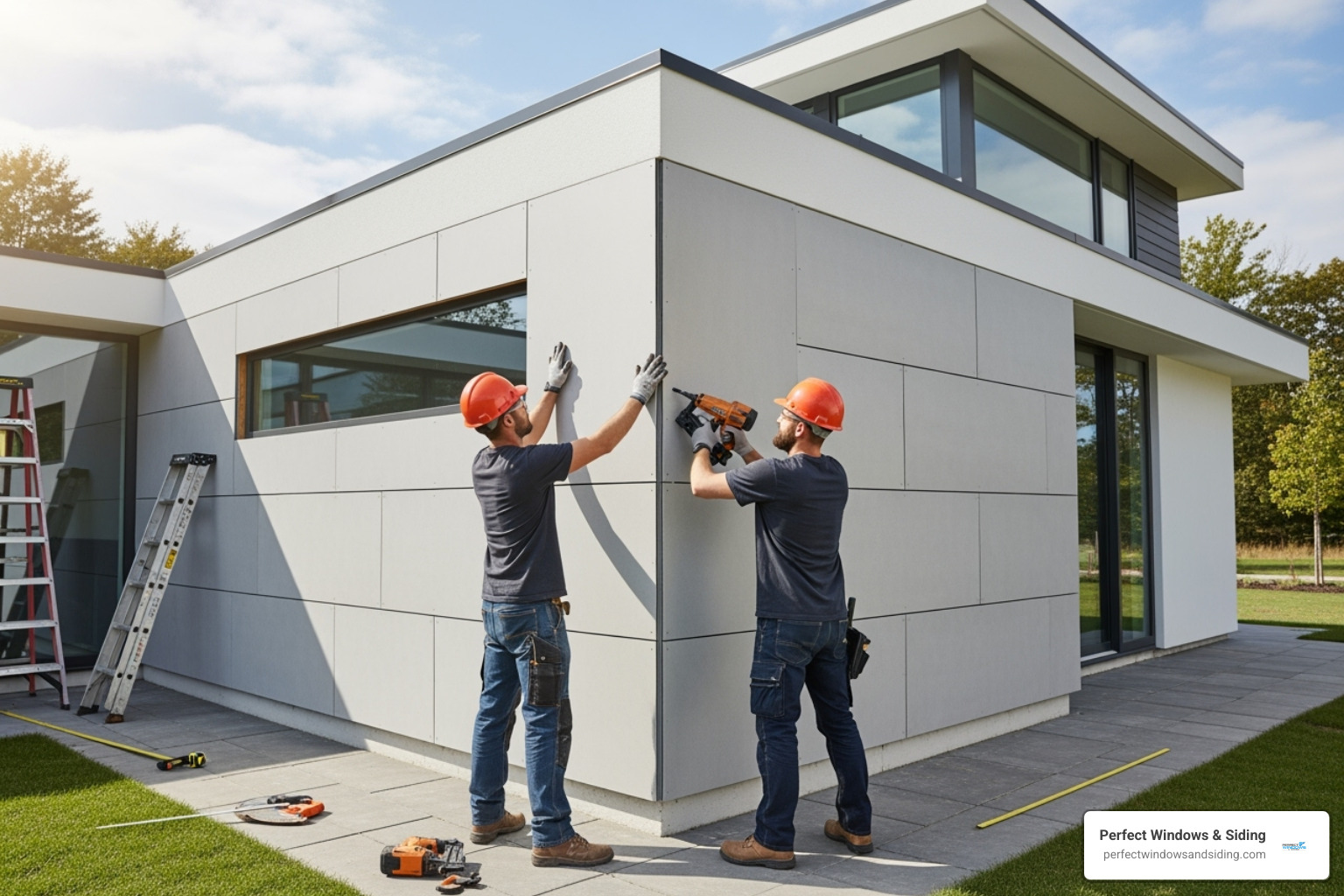 Professional installers fitting a fiber cement panel on a house - fiber cement siding replacement