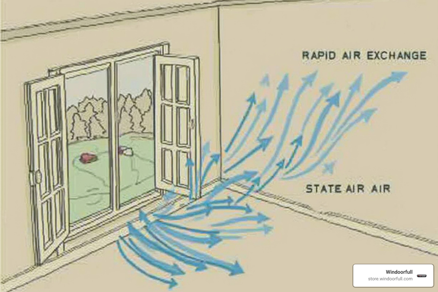 illustrating the airflow of Stoßlüften (shock ventilation) in a single room - german window opening