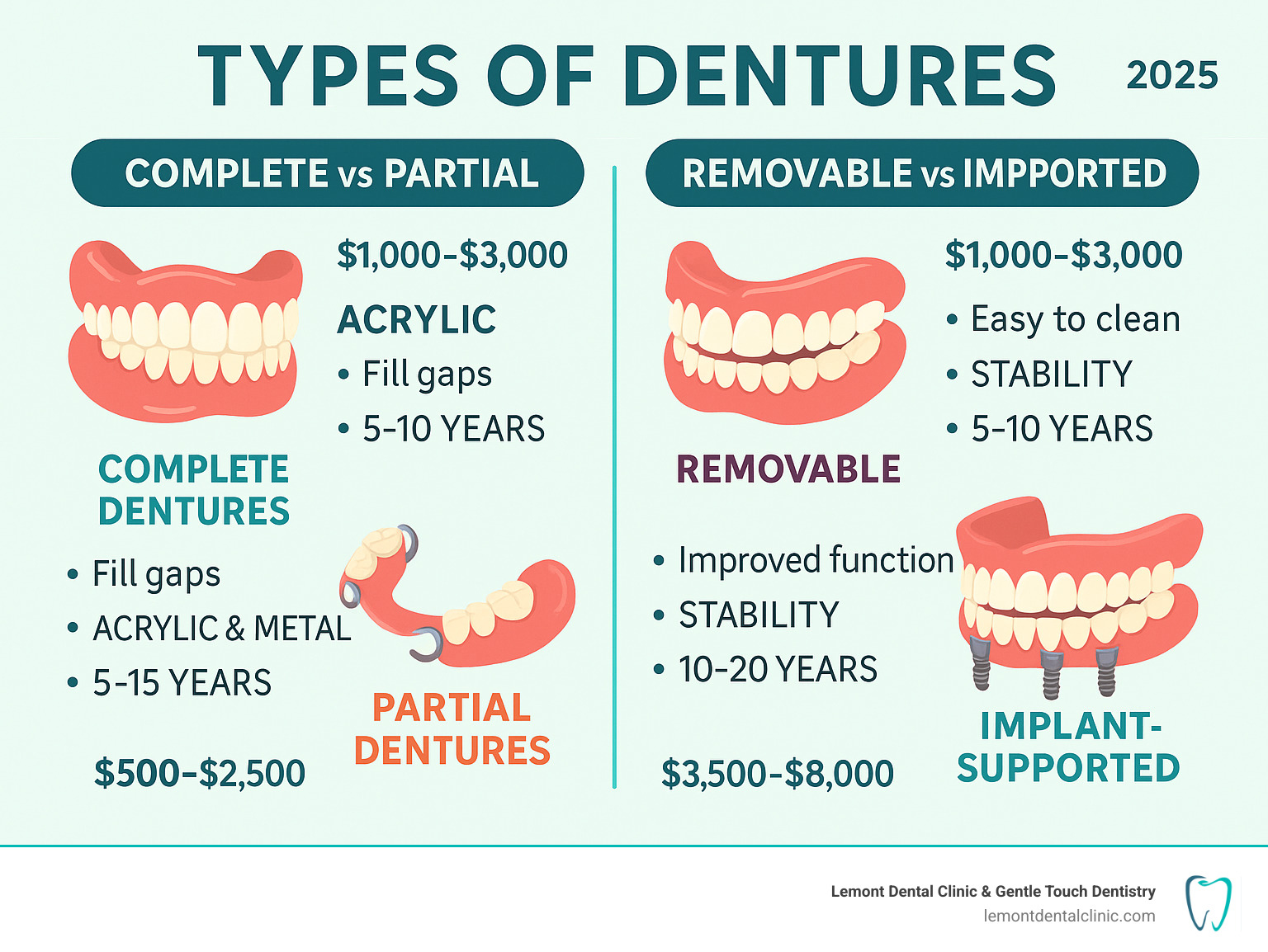 Comprehensive infographic showing the main denture categories: Complete vs Partial dentures on the left side, Removable vs Implant-Supported options on the right side, with cost ranges and key features listed for each type including materials used, stability levels, and average lifespan - what are different types of dentures infographic 