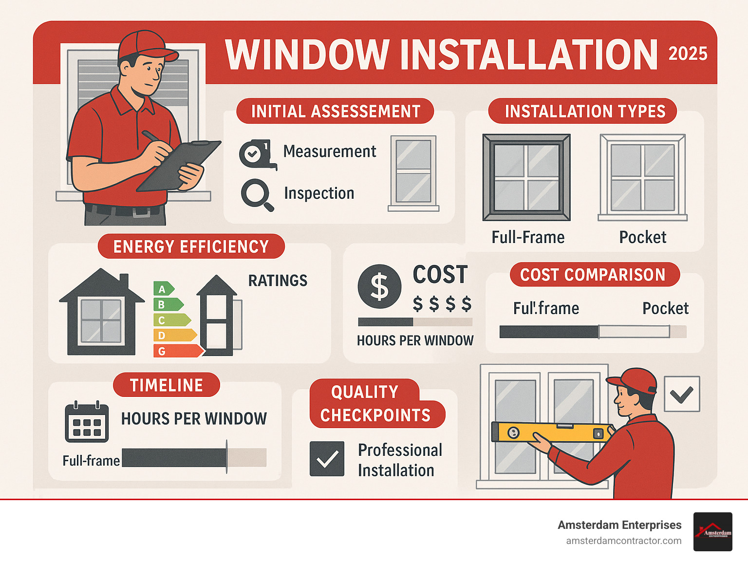 Comprehensive infographic showing window installation process from initial assessment through final inspection, including measurement techniques, installation types (full-frame vs pocket), energy efficiency ratings, cost comparisons, timeline expectations, and quality checkpoints for professional installation - Window Installation infographic 
