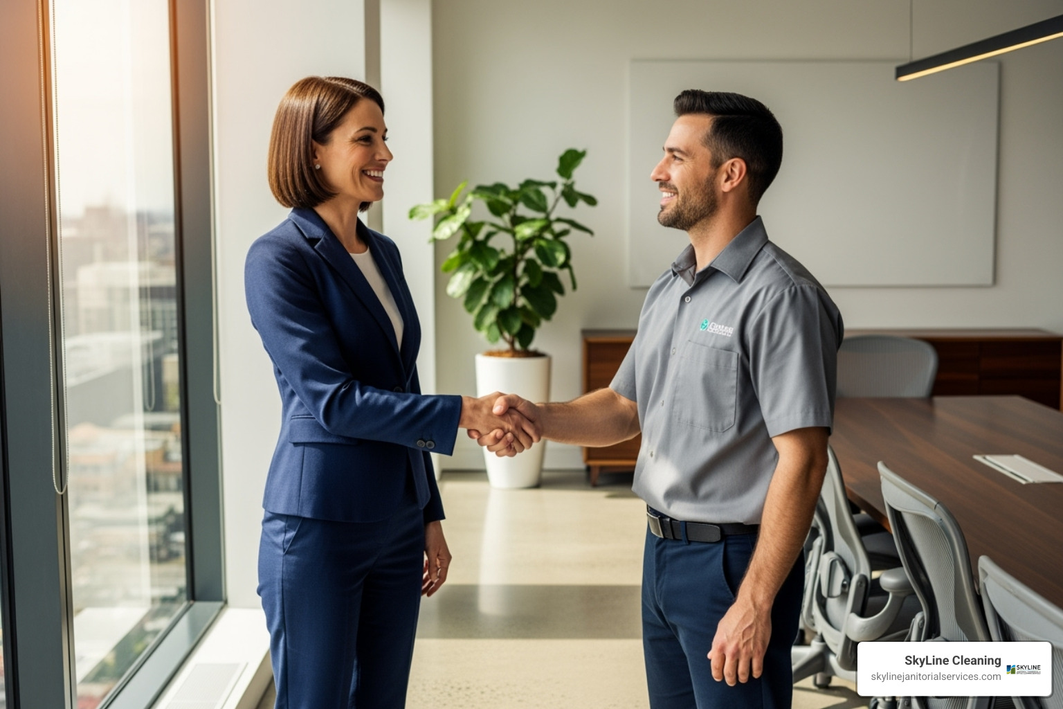 Business owner shaking hands with cleaning professional - Janitorial Services