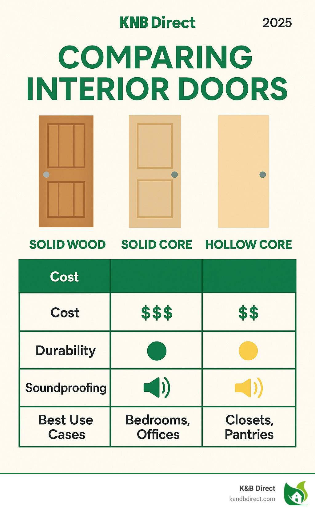 A table comparing Solid Wood, Solid Core, and Hollow Core doors on Cost, Durability, Soundproofing, and Best Use Cases - interior doors infographic A table comparing Solid Wood, Solid Core, and Hollow Core doors on Cost, Durability, Soundproofing, and Best Use Cases - interior doors infographic