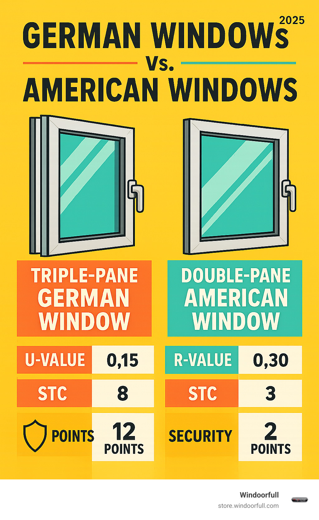 Infographic comparing a triple-pane German window to a double-pane American window across metrics like U-Value, R-Value, STC, and security points, illustrating the superior performance of German windows - german windows infographic 