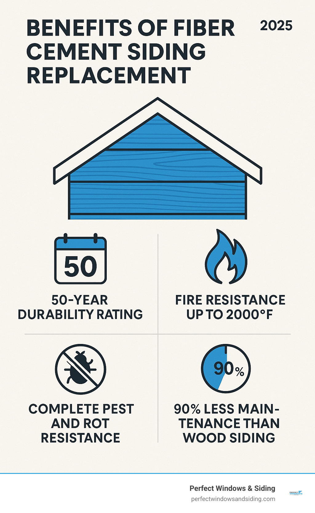 Infographic showing the top 4 benefits of fiber cement siding replacement: 50-year durability rating, fire resistance up to 2000°F, complete pest and rot resistance, and 90% less maintenance than wood siding - fiber cement siding replacement infographic 