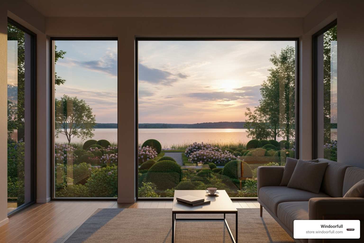 Image of a quiet, serene room interior looking out a Euro style window - euro style windows