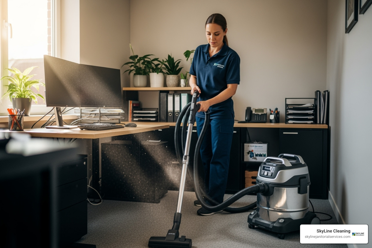 uniformed cleaning professional with modern HEPA vacuum equipment - small office cleaning