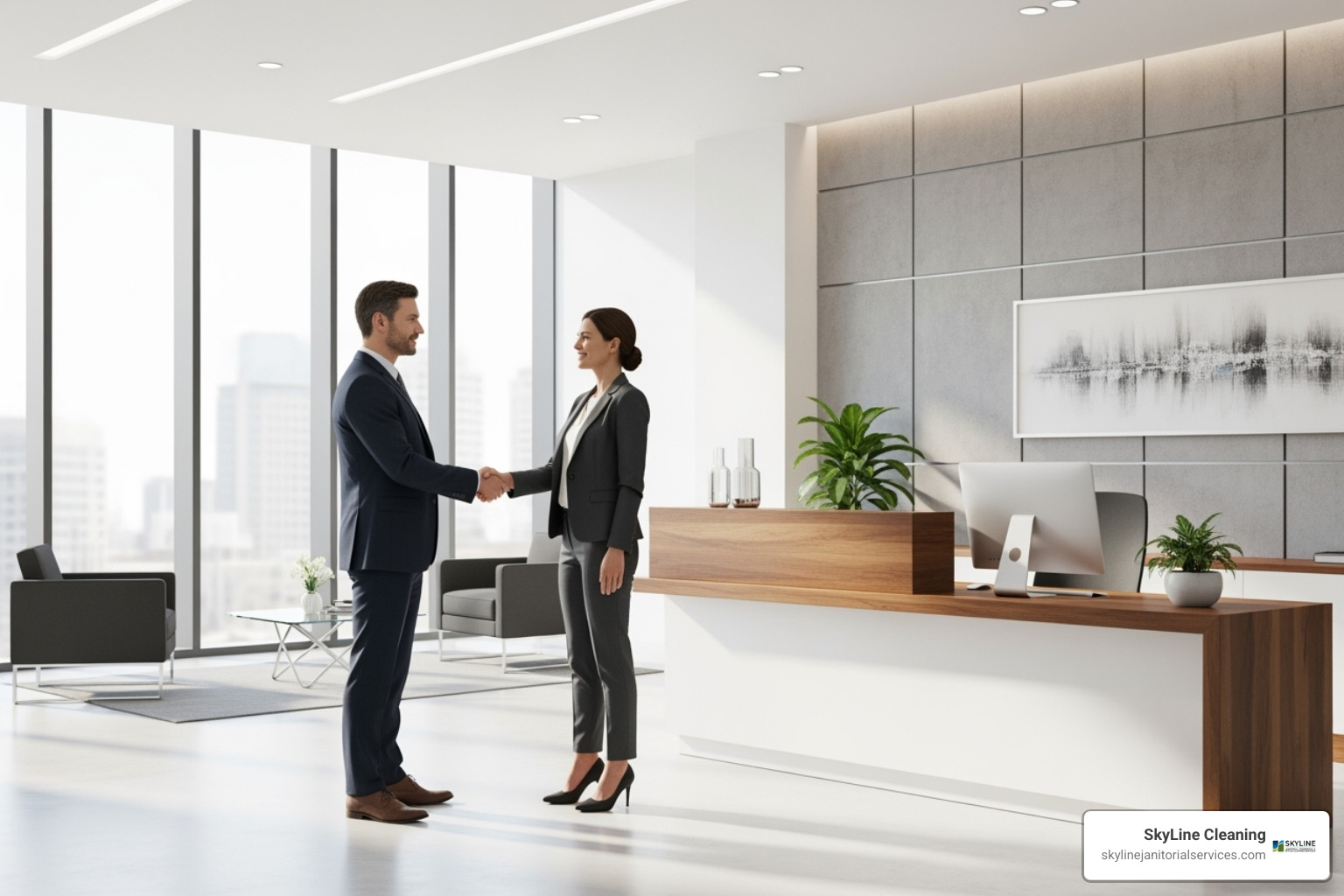 client shaking hands with a business owner in a pristine reception area - small office cleaning