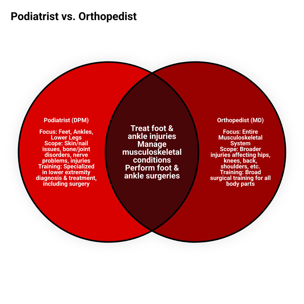Infographic showing the differences between podiatrists and orthopedists, including their training paths, scope of practice, and when to see each specialist for foot and ankle problems - what is a foot doctor called infographic venn_diagram