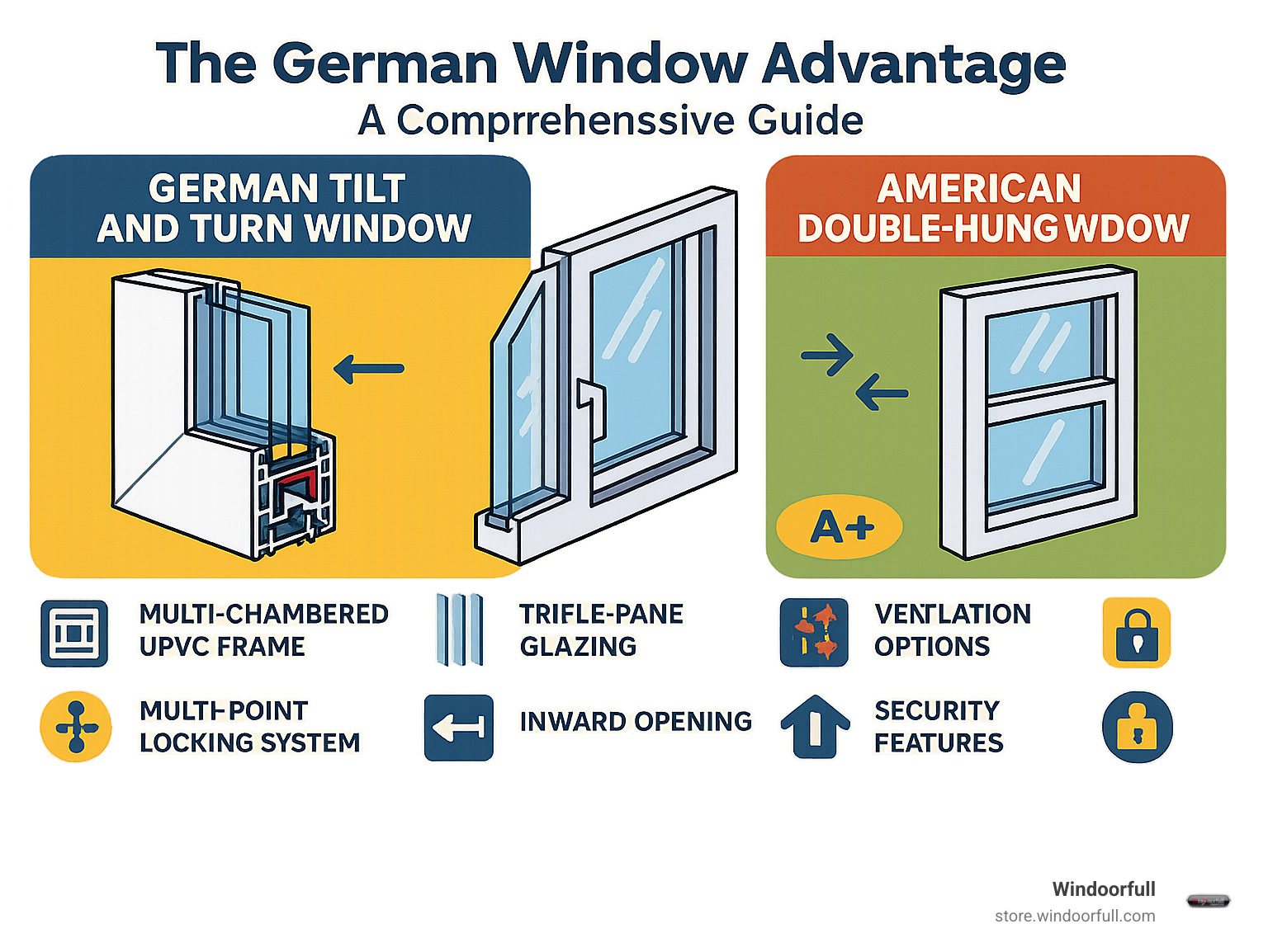 Comprehensive comparison infographic showing German tilt and turn window versus American double-hung window, featuring cross-sectional views of multi-chambered uPVC frames, triple-pane glazing, multi-point locking systems, inward opening mechanisms, energy efficiency ratings, security features, and ventilation options - german windows infographic 