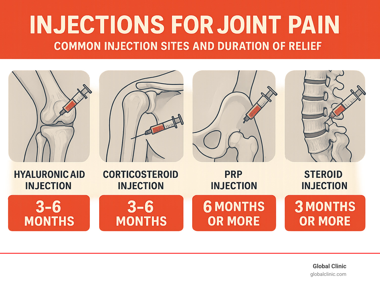 Infographic showing common injection sites including knee joint with hyaluronic acid injection, shoulder joint with corticosteroid injection, hip joint with PRP injection, and facet joints in the spine with steroid injection, along with typical duration of relief for each type - Joint injection therapy infographic 