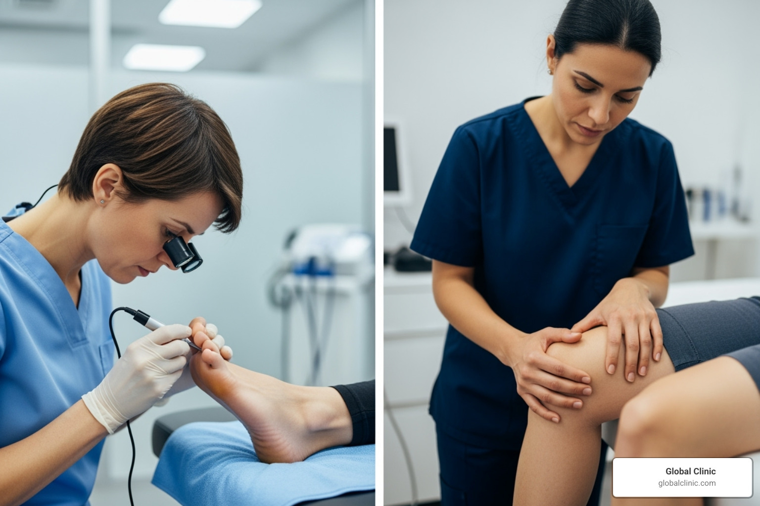 split screen showing a podiatrist focusing on a foot and an orthopedist examining a knee - what is a foot doctor called