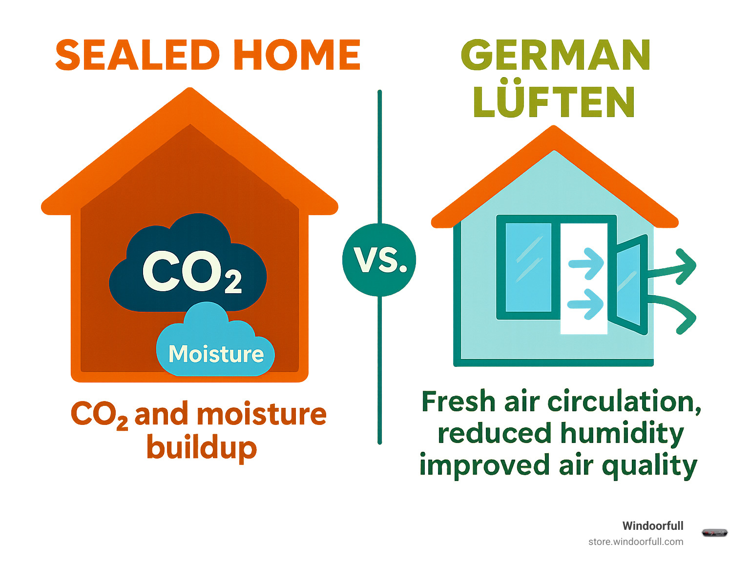 Infographic showing the comparison between a sealed home with CO2 and moisture buildup versus a home using German lüften practices with fresh air circulation, reduced humidity, and improved air quality - german window opening infographic 