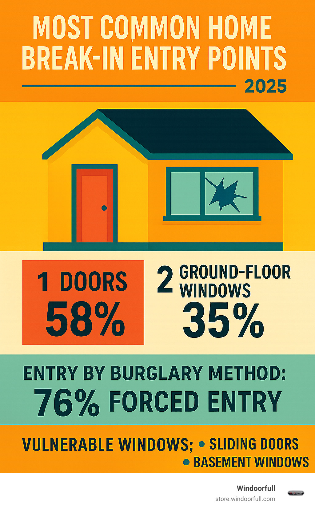 Infographic showing the most common home break-in entry points, with ground-floor windows highlighted as the second most vulnerable after doors, including statistics on burglary methods and vulnerable window types like sliding doors and basement windows - Secure home windows infographic 
