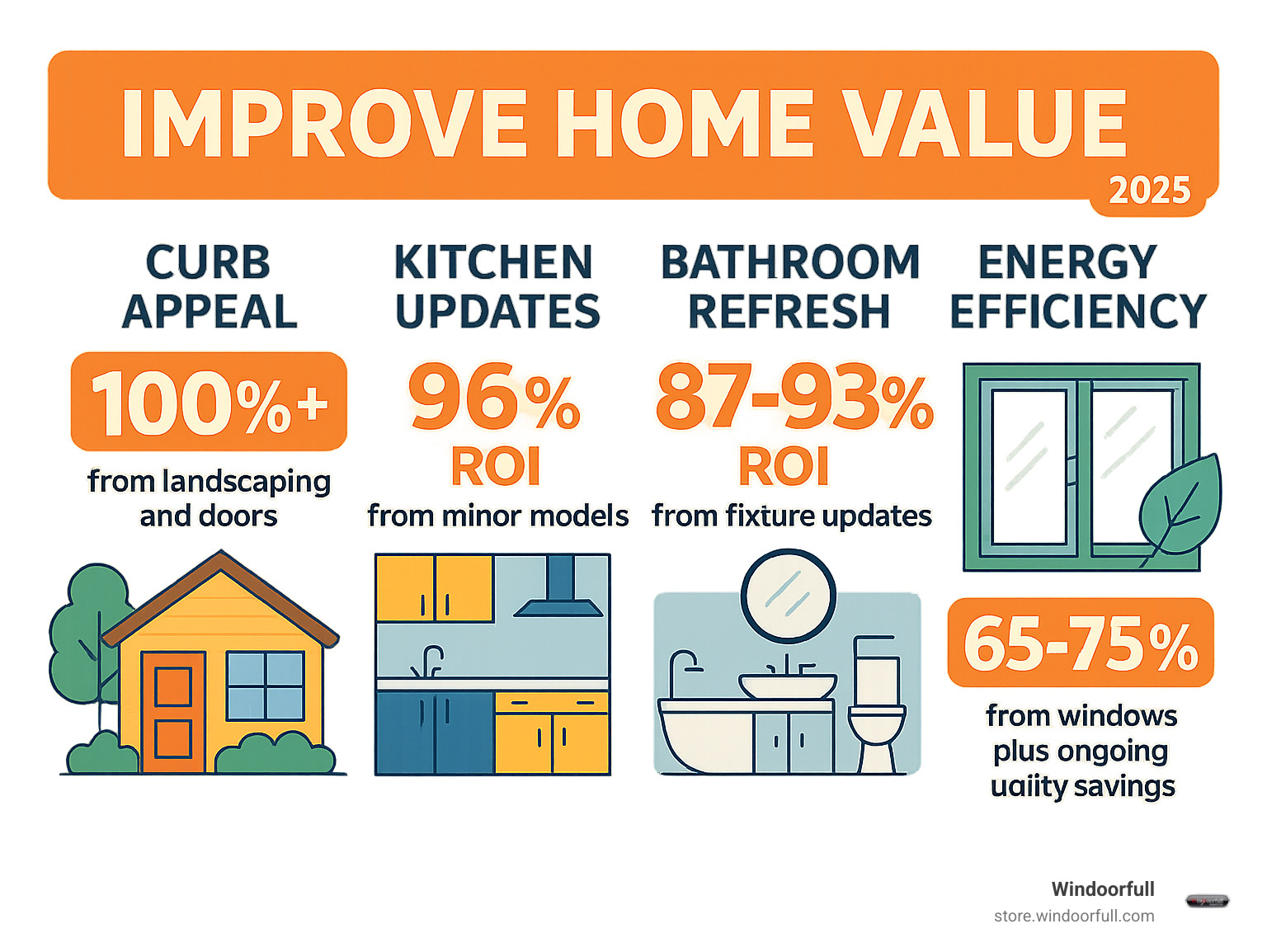 Infographic showing the top 4 investment areas for home value: Curb Appeal with 100%+ ROI from landscaping and doors, Kitchen Updates with 96% ROI from minor remodels, Bathroom Refresh with 87-93% ROI from fixture updates, and Energy Efficiency with 65-75% ROI from windows plus ongoing utility savings - Improve home value infographic 