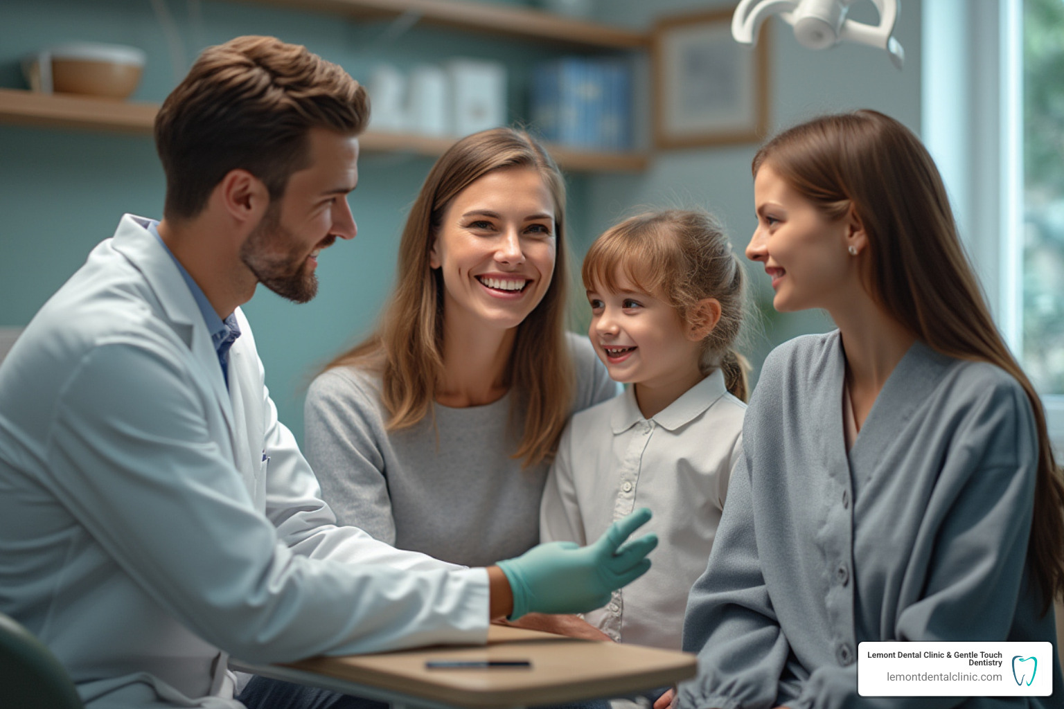 Friendly dentist consulting with a family - family dentist Palos Hills